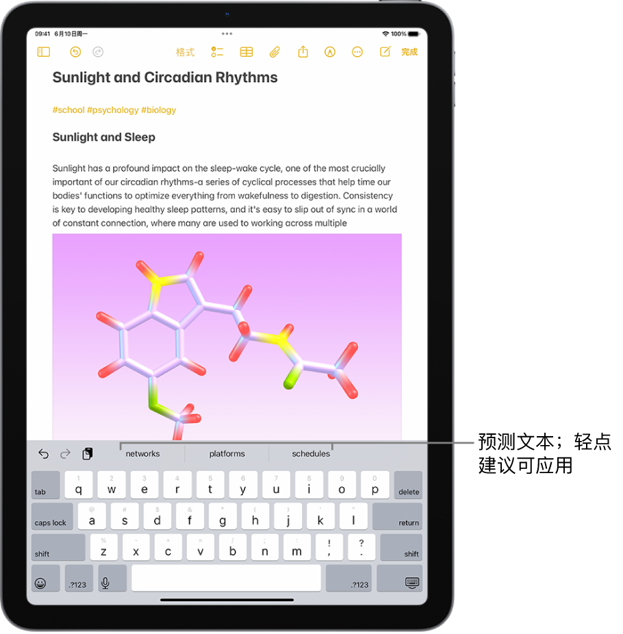 “备忘录” App 中打开的屏幕键盘。文本栏中输入了文本，键盘上方是下一个字词的预测文本建议。