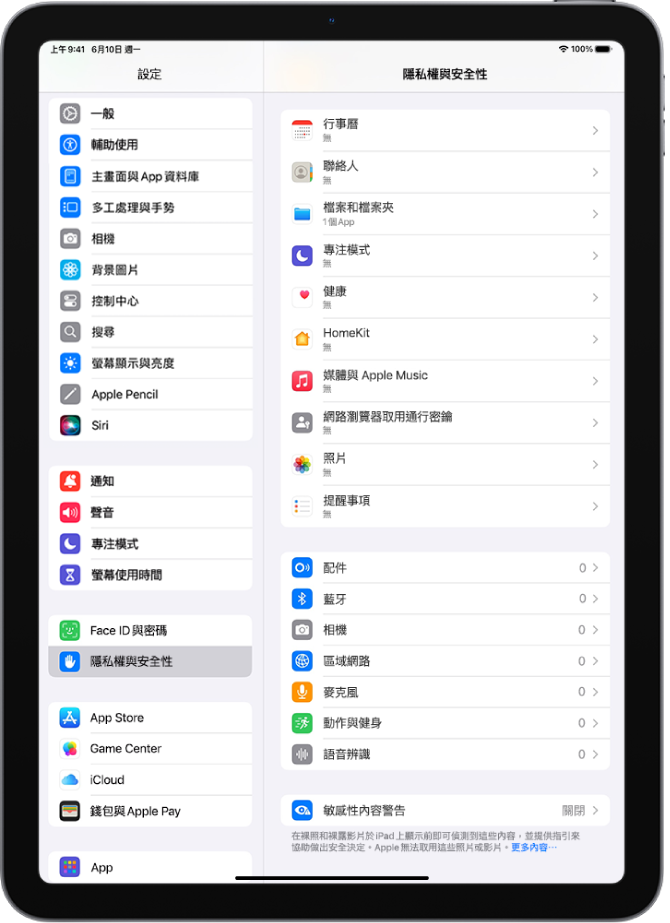 「隱私權與安全性」畫面，顯示用於控制 App 是否能使用相機、麥克風和 iPad 其他部件的設定。