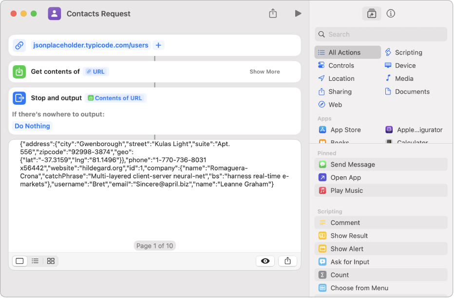 Results of the Typicode API request shortcut, showing a list of users.