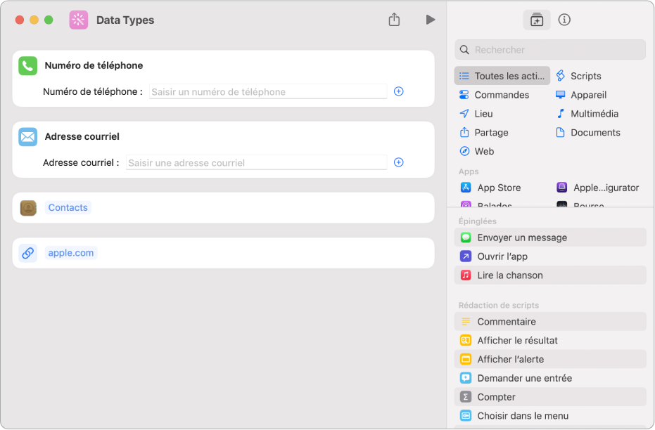 Éditeur de raccourcis affichant des actions qui stockent du contenu dans le raccourci.