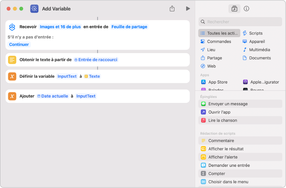 Actions Définir une variable et Ajouter à la variable dans l’éditeur de raccourcis.