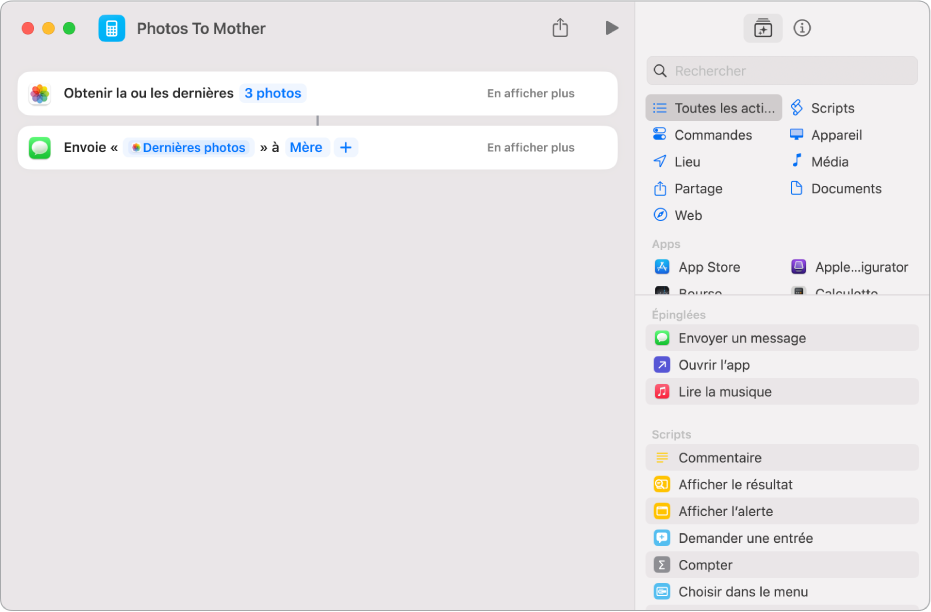 Un raccourci contenant l’action « Obtenir les dernières photos » et l’action « Envoyer le message ».