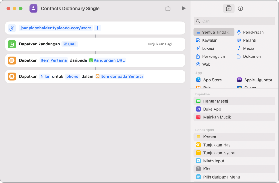 Tindakan Dapatkan Nilai Kamus dalam editor pintasan dengan kunci disetkan ke telefon.