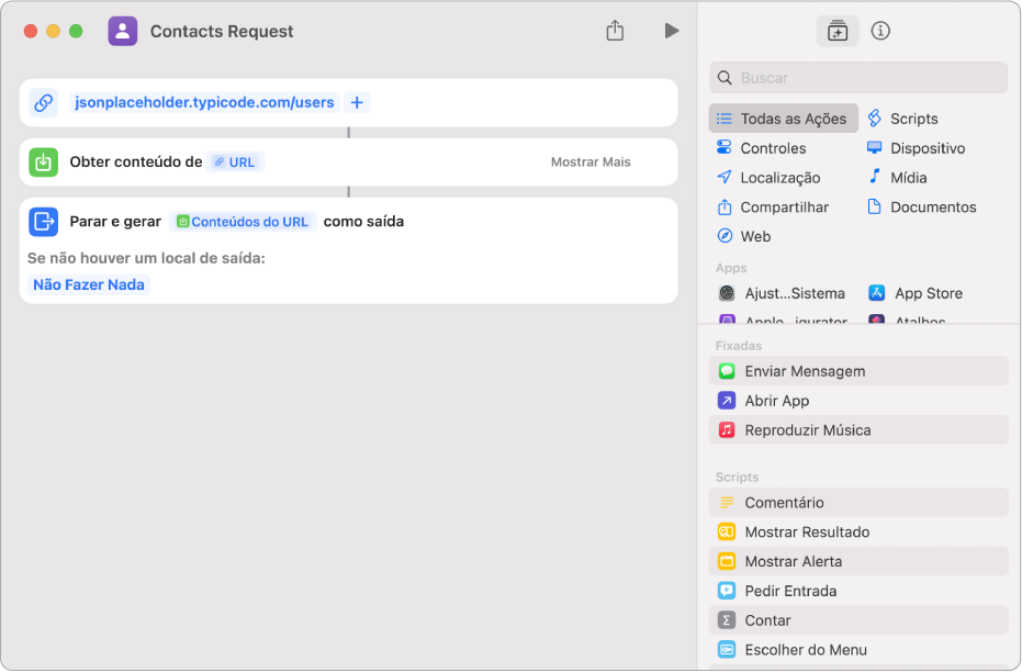 Uma solicitação de API que contém uma ação de URL apontando para o endpoint da API, seguida de uma ação “Obter Conteúdo do URL”.