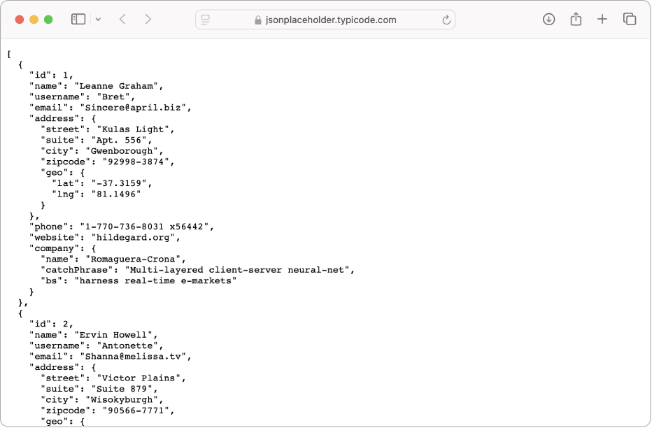 Пример данных в формате JSON.