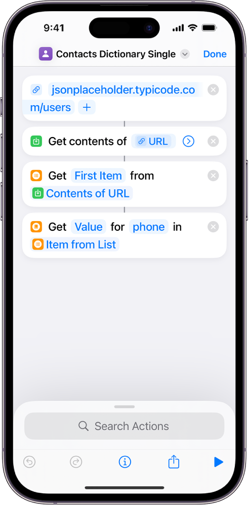 Get Dictionary Value action in the shortcut editor with the key set to phone.