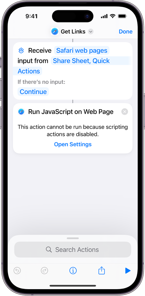 The Run JavaScript on Webpage action in the shortcut editor.