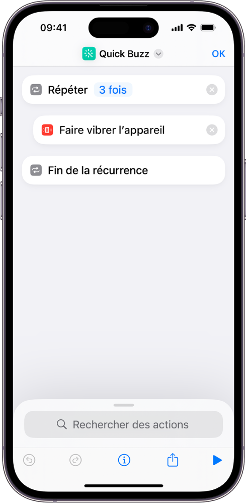 Action Faire vibrer l’appareil configurée sur Répéter trois fois.