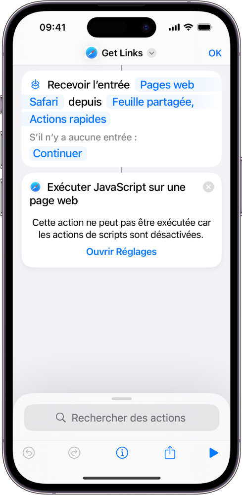 L’action « Exécuter JavaScript sur une page web » dans l’éditeur de raccourci.