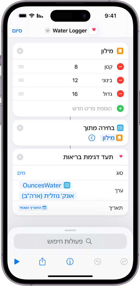 הפעולה ״בחר מהרשימה״ אחרי פריט מילון.