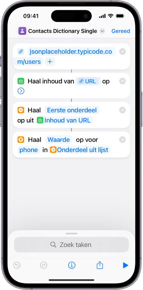 De taak 'Haal woordenboekwaarde op' in de opdrachteneditor met de sleutel ingesteld op "phone".