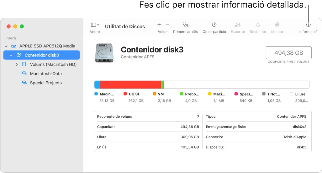 Finestra de la Utilitat de Discos mostrant una dispositiu d’emmagatzematge seleccionat a la barra lateral i informació sobre el dispositiu mostrada a la dreta.