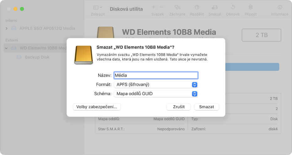 Okno Diskové utility zobrazující dialogové okno vymazávání při nastavení přeformátování externího disku s šifrovaným formátem APFS