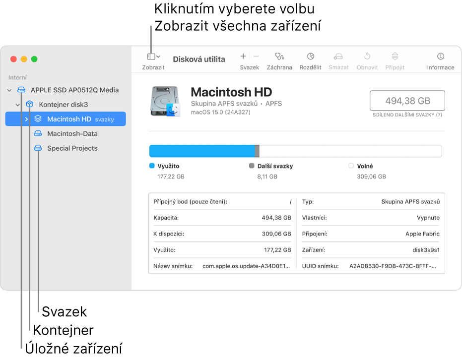Okno Diskové utility zobrazující tři svazky kontejner a úložné zařízení v zobrazení Zobrazit všechna zařízení