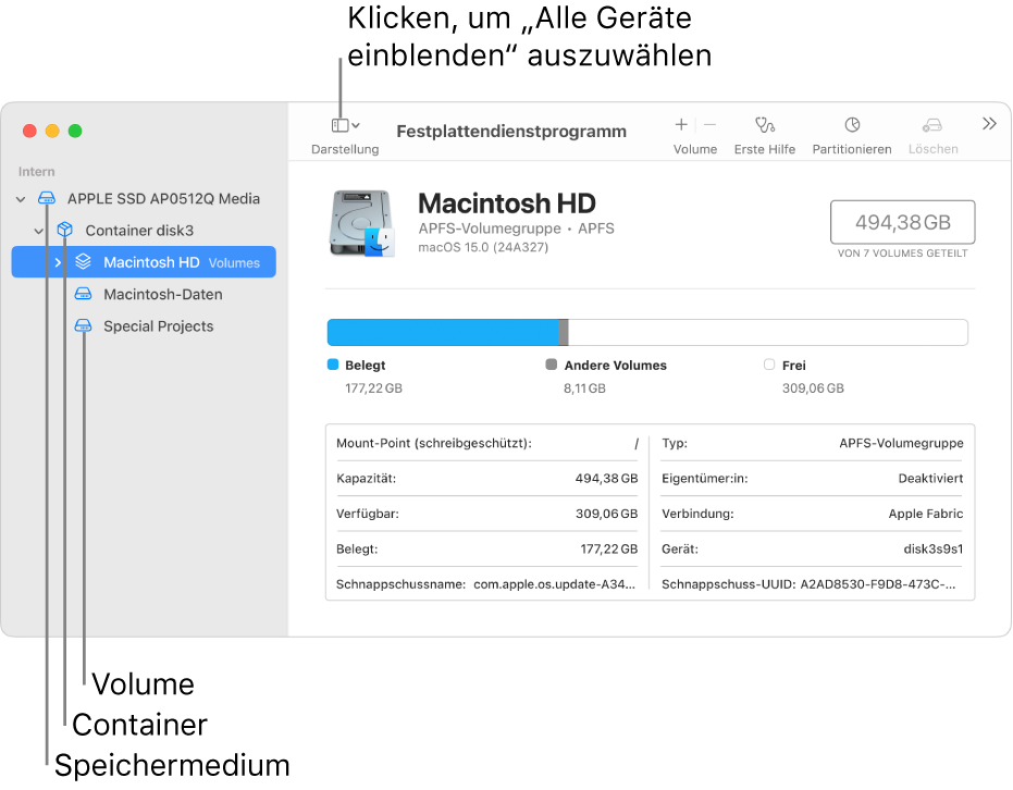 Fenster des Festplattendienstprogramms in der Darstellung „Alle Geräte einblenden“ mit drei Volumes, einem Container und einem Speichergerät.