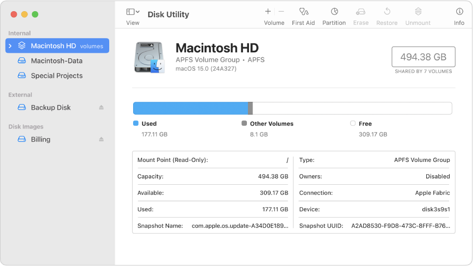 The Disk Utility window, showing two APFS volumes on an internal disk, a volume on an external disk and a disk image.