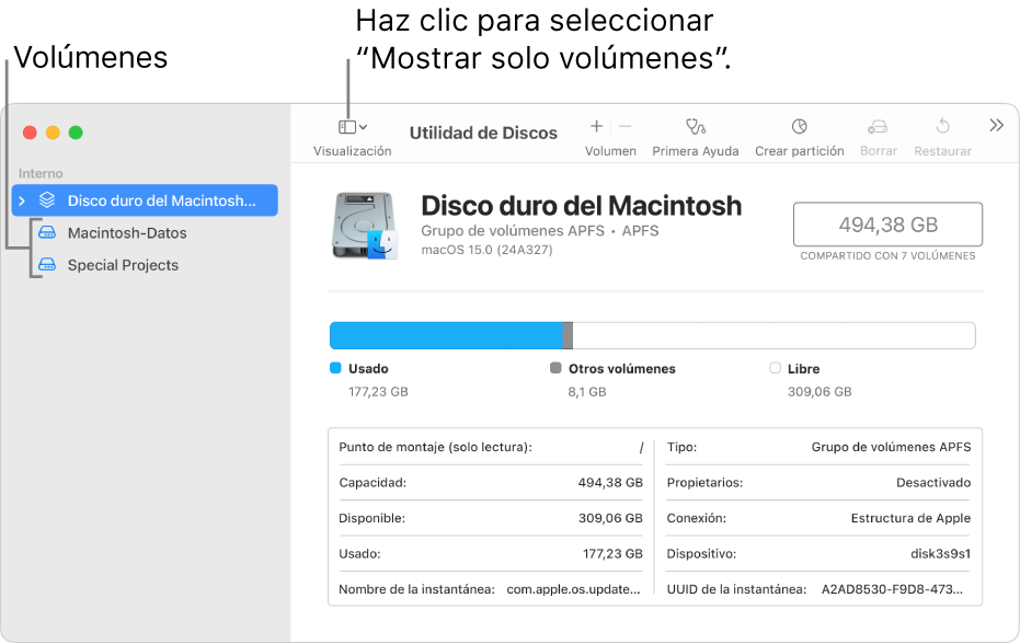 Una ventana de Utilidad de Discos en la visualización “Mostrar solo volúmenes”.