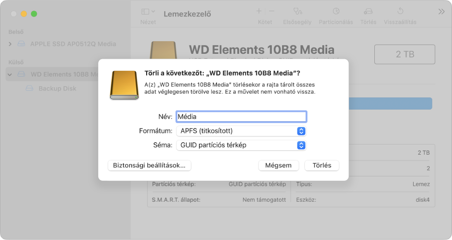 A Lemezkezelő ablaka a törlés párbeszédpanellel, amelyben egy külső meghajtó formázása van beállítva titkosított APFS formátumra.