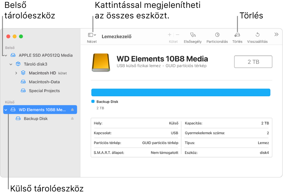 A Lemezkezelő ablaka amelyben két tárolóeszköz látható az Összes eszköz megjelenítése nézetben.