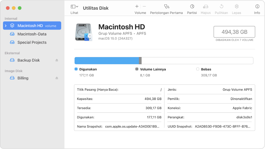 Jendela Utilitas Disk dengan tampilan Hanya Tampilkan Volume dipilih. Bar samping di sebelah kiri menampilkan dua volume internal, satu volume eksternal, dan satu volume image disk. Sisi kanan jendela menampilkan detail mengenai volume yang dipilih.