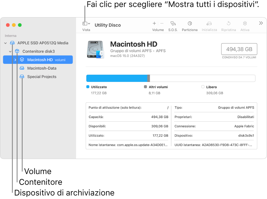 Una finestra di Utility Disco che mostra tre volumi, un contenitore e un dispositivo di archiviazione nella vista “Mostra tutti i dispositivi”.