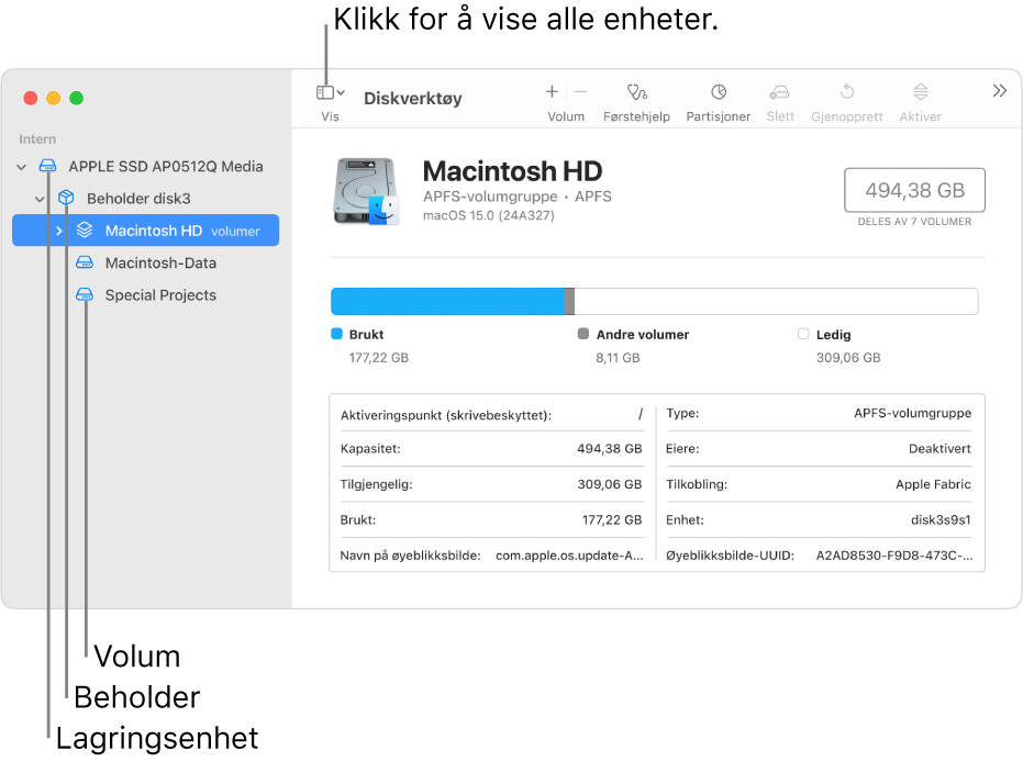 Et Diskverktøy-vindu som viser tre volumer, en beholder og en lagringsenhet i Vis alle enheter-vinduet.