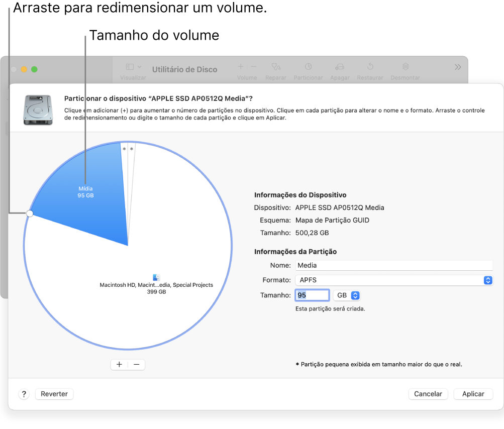 Janela Partições mostrando um disco físico com várias partições.