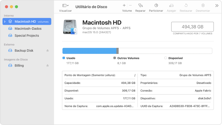 A janela do Utilitário de Disco, mostrando dois volume APFS em um disco interno, um volume em um disco externo e uma imagem de disco.