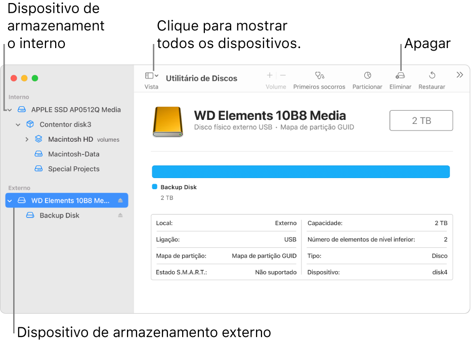 Uma janela do Utilitário de Discos a mostrar dois dispositivos de armazenamento na vista “Mostrar todos os dispositivos”.