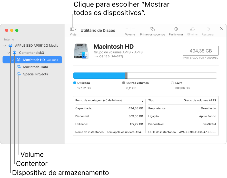 Uma janela do Utilitário de Discos a mostrar três volume, um contentor e um dispositivo de armazenamento na vista “Mostrar todos os dispositivos”.