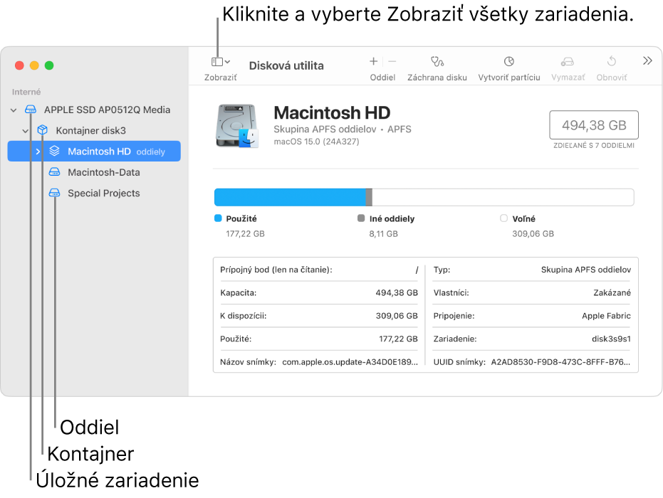 Okno Diskovej utility zobrazujúce tri oddiely, kontajner a úložné zariadenie v zobrazení Zobraziť všetky zariadenia.