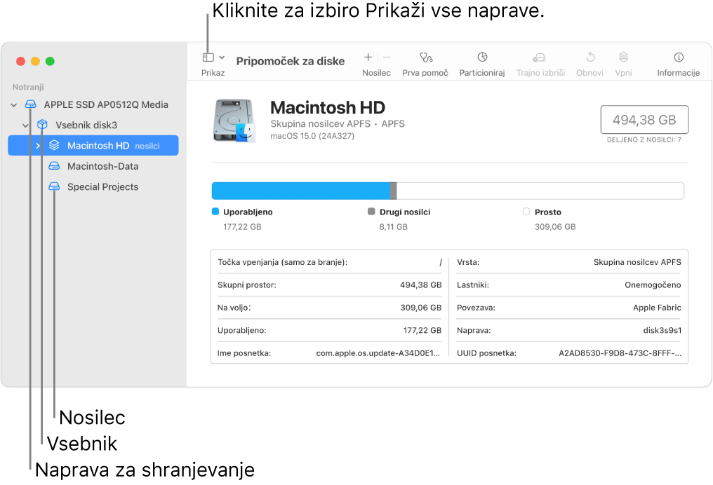 Okno Pripomočka za diske, ki prikazuje tri nosilce, vsebnik in napravo za shranjevanje v pogledu Prikaži vse naprave.