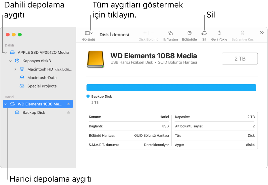 Tüm Aygıtları Göster görüntüsünde iki depolama aygıtını gösteren Disk İzlencesi penceresi.