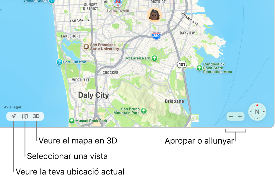 Finestra de l’app Cerca amb les ubicacions de diferents persones al mapa. A l’angle inferior esquerre, utilitza els botons per veure la teva ubicació actual, seleccionar una vista i veure el mapa en 3D. A l’angle inferior dret, utilitza els botons de zoom per apropar o allunyar el mapa.