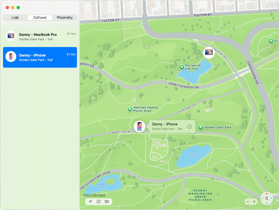 Aplikace Najít se zobrazením seznamu zařízení na bočním panelu a jejich poloha na mapě.