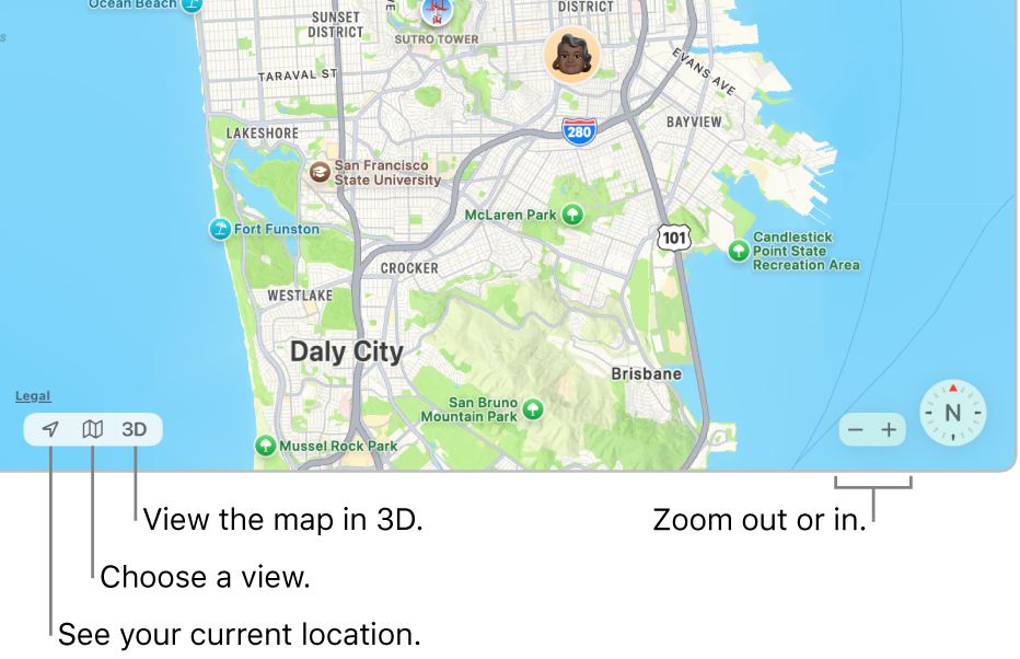 A view of the Find My window showing people’s locations on a map. In the lower-left corner, use buttons to see your current location, choose a view, and view the map in 3D. In the lower-right corner, use the zoom buttons to zoom in or out on the map.