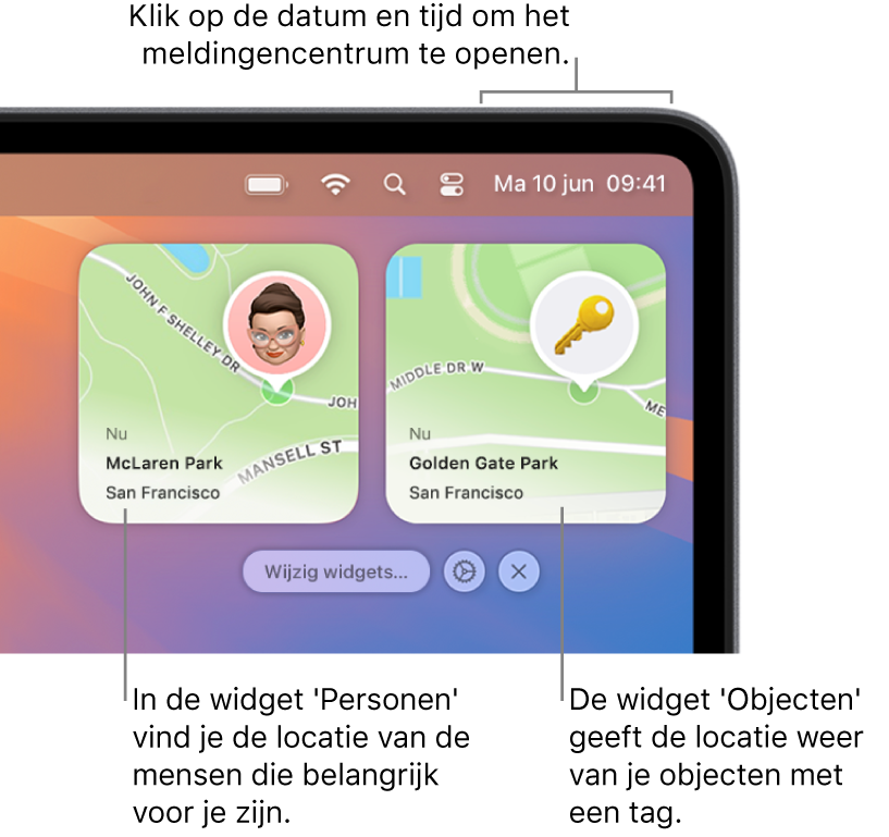 Twee Zoek mijn-widgets: een Personen-widget met de locatie van een persoon en een Objecten-widget met de locatie van een sleutel. Klik op de datum en tijd in de menubalk om het meldingencentrum te openen.