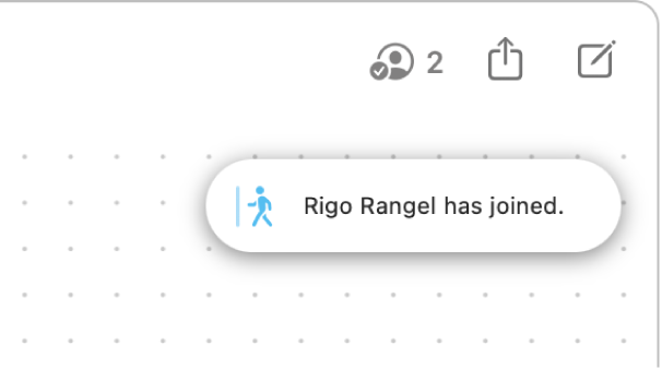 L’angle superior dret d’una pissarra del Freeform. Una notificació indica que s’ha unit un participant a la pissarra.