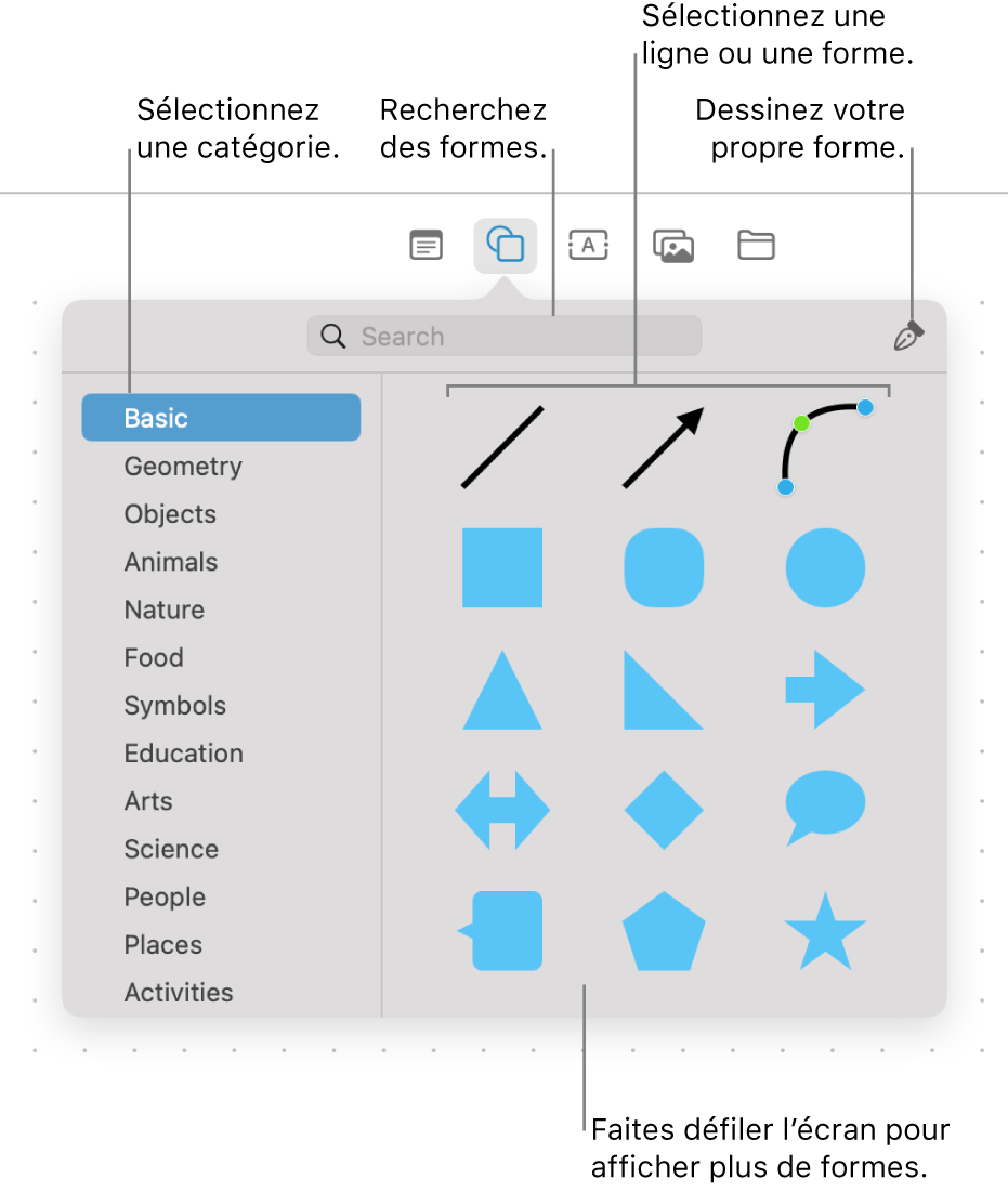 La bibliothèque de formes, avec un champ de recherche en haut, une liste de catégories à gauche et une collection de formes à droite. Sélectionnez une forme à partir de la collection, faites dérouler pour afficher d’autres formes, ou dessinez votre propre forme avec l’outil Stylo.