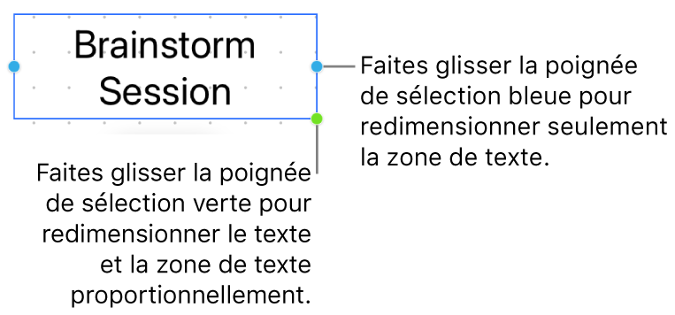 Une zone de texte sélectionnée affichant la poignée de sélection bleue (permettant de redimensionner uniquement la zone de texte) ainsi que la poignée de sélection verte (permettant de redimensionner le texte et la zone de texte proportionnellement).