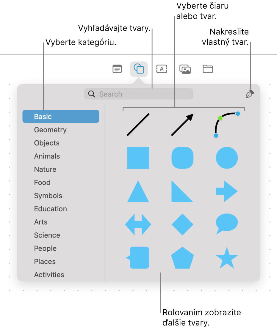 Knižnica tvarov s vyhľadávacím poľom v hornej časti, zoznamom kategórií na ľavej strane a zbierkou tvarov na pravej strane. Vyberte tvar zo zbierky, rolovaním zobrazte ďalšie tvary alebo si nakreslite vlastný tvar pomocou nástroja Pero.