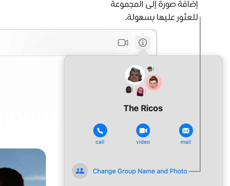 تعرض طريقة العرض معلومات بمحادثة جماعية، حيث تظهر بعد النقر على الزر معلومات في المحادثة، أيقونات أعضاء المجموعة واسم المجموعة. توجد أزرار أسفل اسم المجموعة لإجراء مكالمة صوتية أو مكالمة فيس تايم فيديو أو إرسال بريد إلكتروني إلى المجموعة. ويوجد أسفل تلك العناصر الزر الذي يغير اسم المجموعة وصورتها.