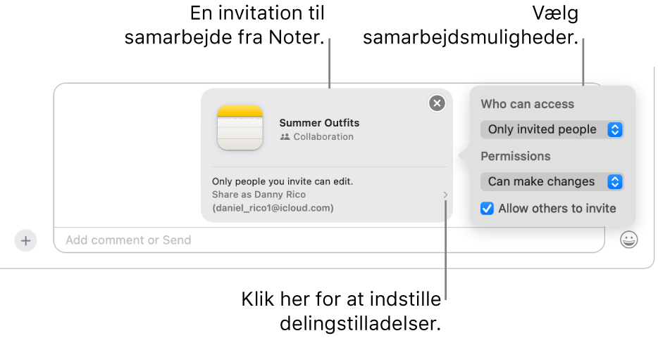 Et nærbillede af tekstbeskedfeltet nederst i samtalen i Beskeder. Der er en invitation til at samarbejde om en note. Du kan klikke i højre side af invitationen for at indstille tilladelser til samarbejde.