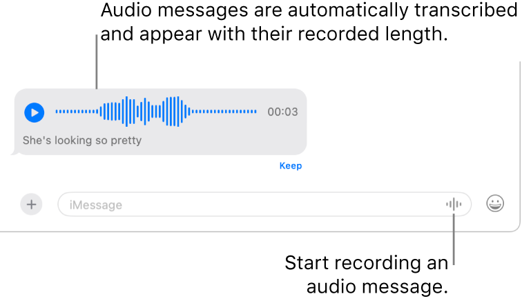 A Messages conversation, showing the Record Audio button next to the message field at the bottom of the window. An audio message with its transcription and recorded length appears in the conversation.