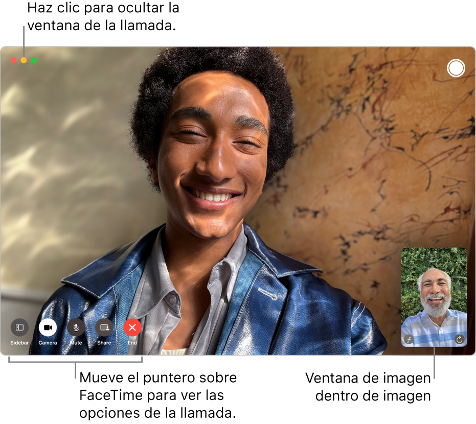 Hay una llamada de FaceTime de video en curso. La ventana de PIP aparece en la esquina superior derecha, y las opciones de llamada de FaceTime aparecen en la esquina inferior izquierda.