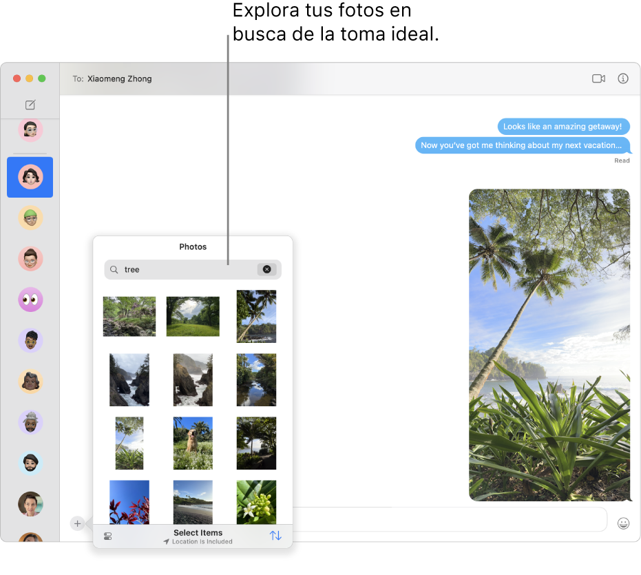 La ventana de Mensajes con varias conversaciones enlistadas en la barra lateral de la izquierda, el campo de búsqueda para explorar tus fotos, y una conversación mostrándose en la derecha.