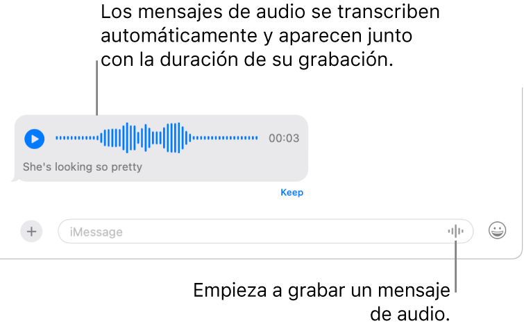 Conversación de la app Mensajes con el botón “Grabar audio” junto al campo de mensaje en la parte inferior de la ventana. En la conversación aparece un mensaje de audio con su transcripción y la duración de la grabación.