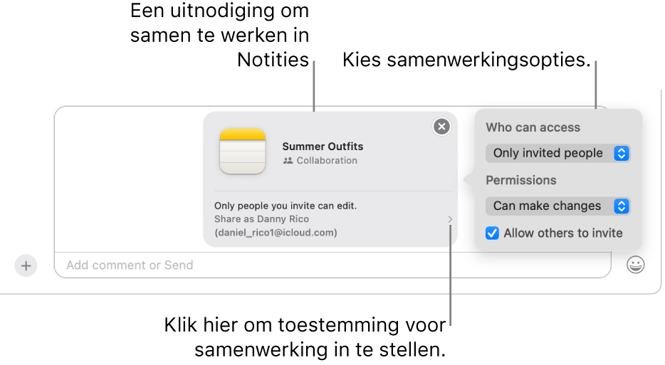 Een close-up van het berichtveld onder in het gesprek in Berichten. Er is een uitnodiging beschikbaar om samen te werken aan een notitie. Je kunt rechts naast de uitnodiging klikken om de bevoegdheden voor de samenwerking in te stellen.