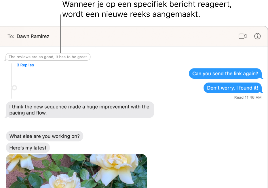 Het Berichten-venster met een gesprek met een nieuwe berichtenreeks onder een specifiek bericht.