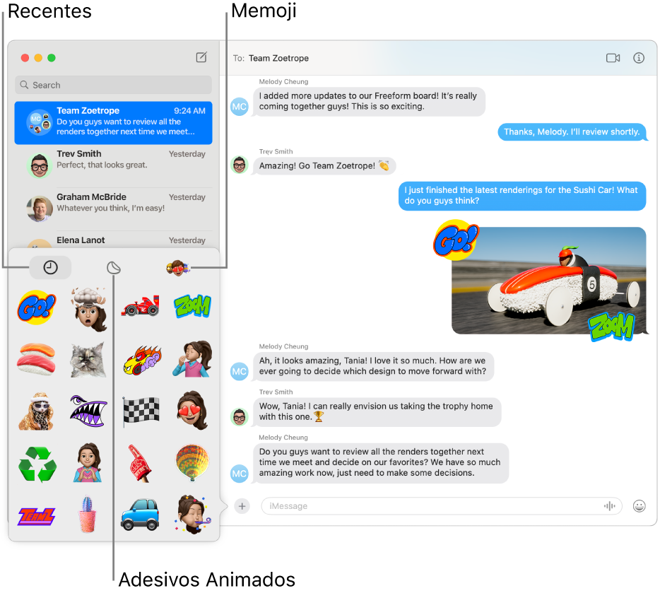 Uma janela do app Mensagens com várias conversas em uma lista na barra lateral à esquerda. As opções de Adesivos no canto inferior esquerdo mostram Recentes, Adesivos Animados e Memoji. Uma conversa é exibida à direita.